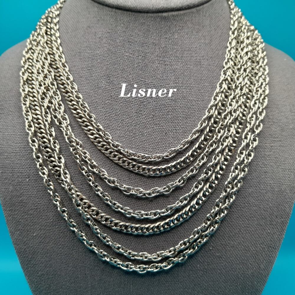 Vintage Lisner Silver Tone Chain Necklace, 7 Strands, Vintage Jewelry